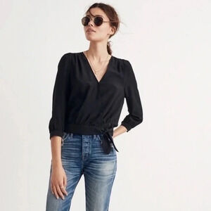 Madewell 100% Silk Tie Front Blouse with Front snap button size XXS in black